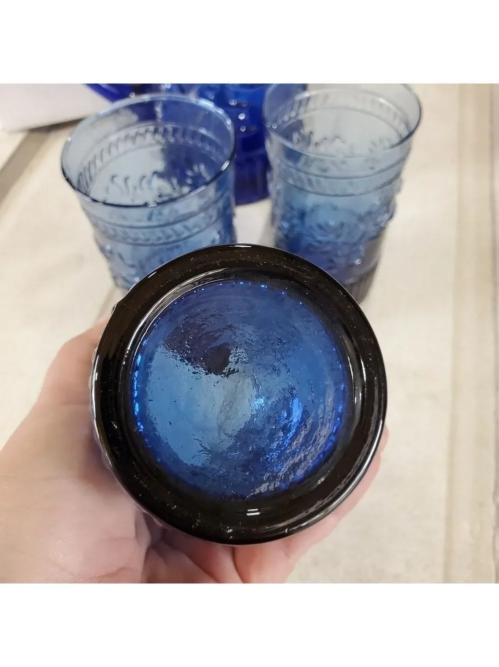 Vintage 4pc cobalt blue glass Pitcher & 3 glasses set floral leaf patterned